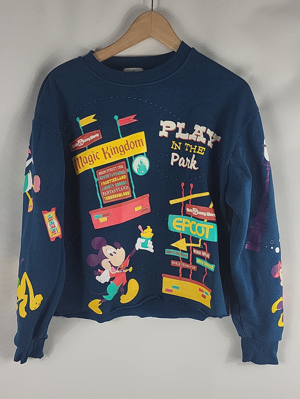 Disney Navy Crewneck with Multicolor Park Graphics - Picture 1 of 6